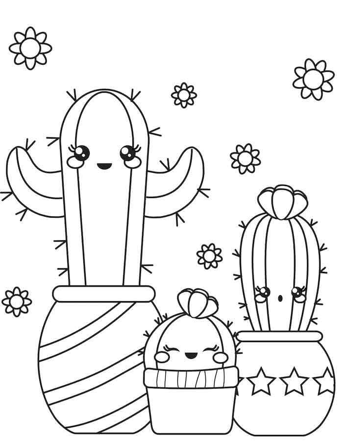 Coloriage Three Cute Potted Cactus
