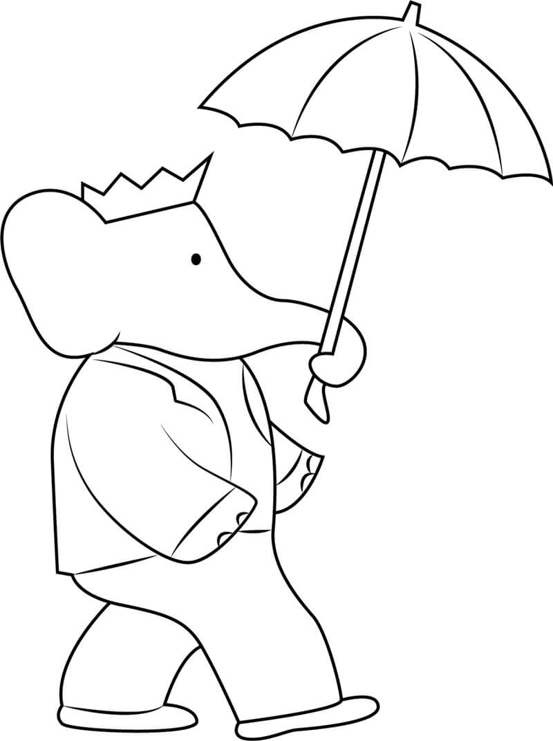 Coloriage Babar avec Parapluie