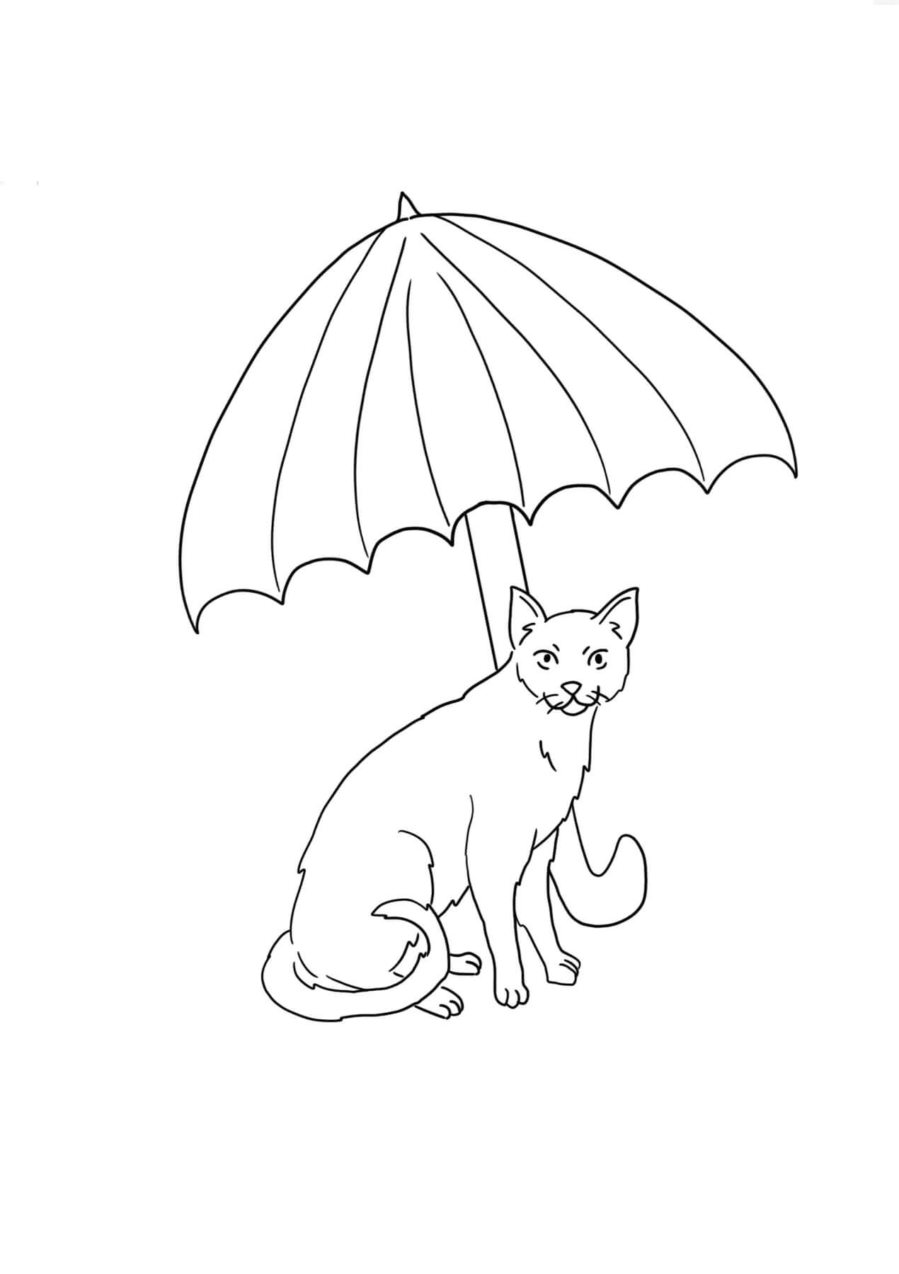 Coloriage Chat avec Parapluie