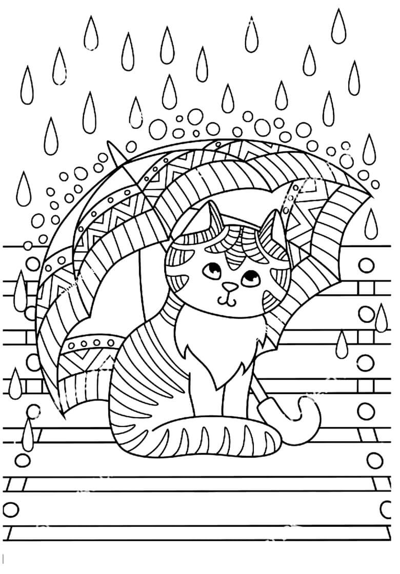 Coloriage Chaton Sous le Parapluie