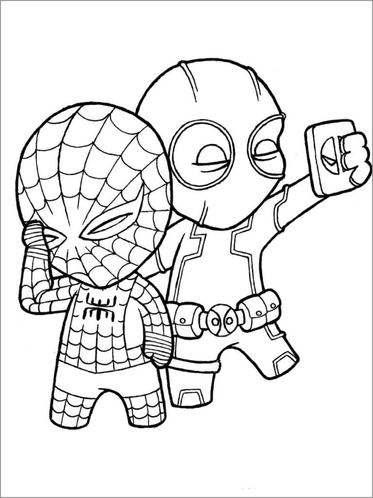 Chibi Deadpool et Spiderman coloring page