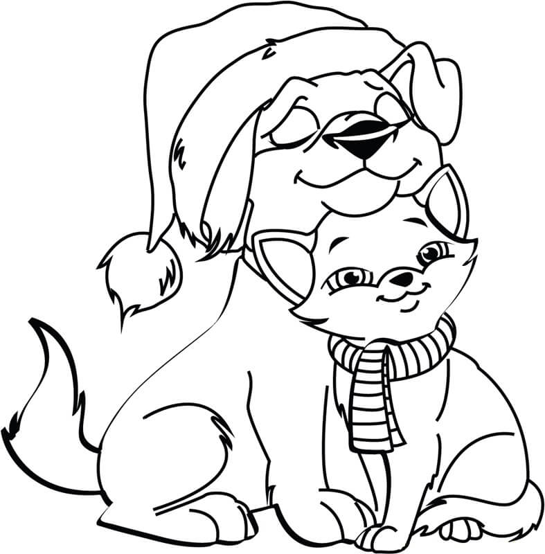 Coloriage Chien et chat à Noël