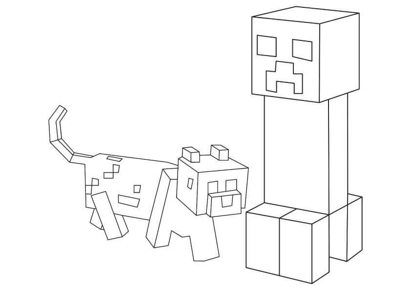 Coloriage Creeper et Chat Minecraft