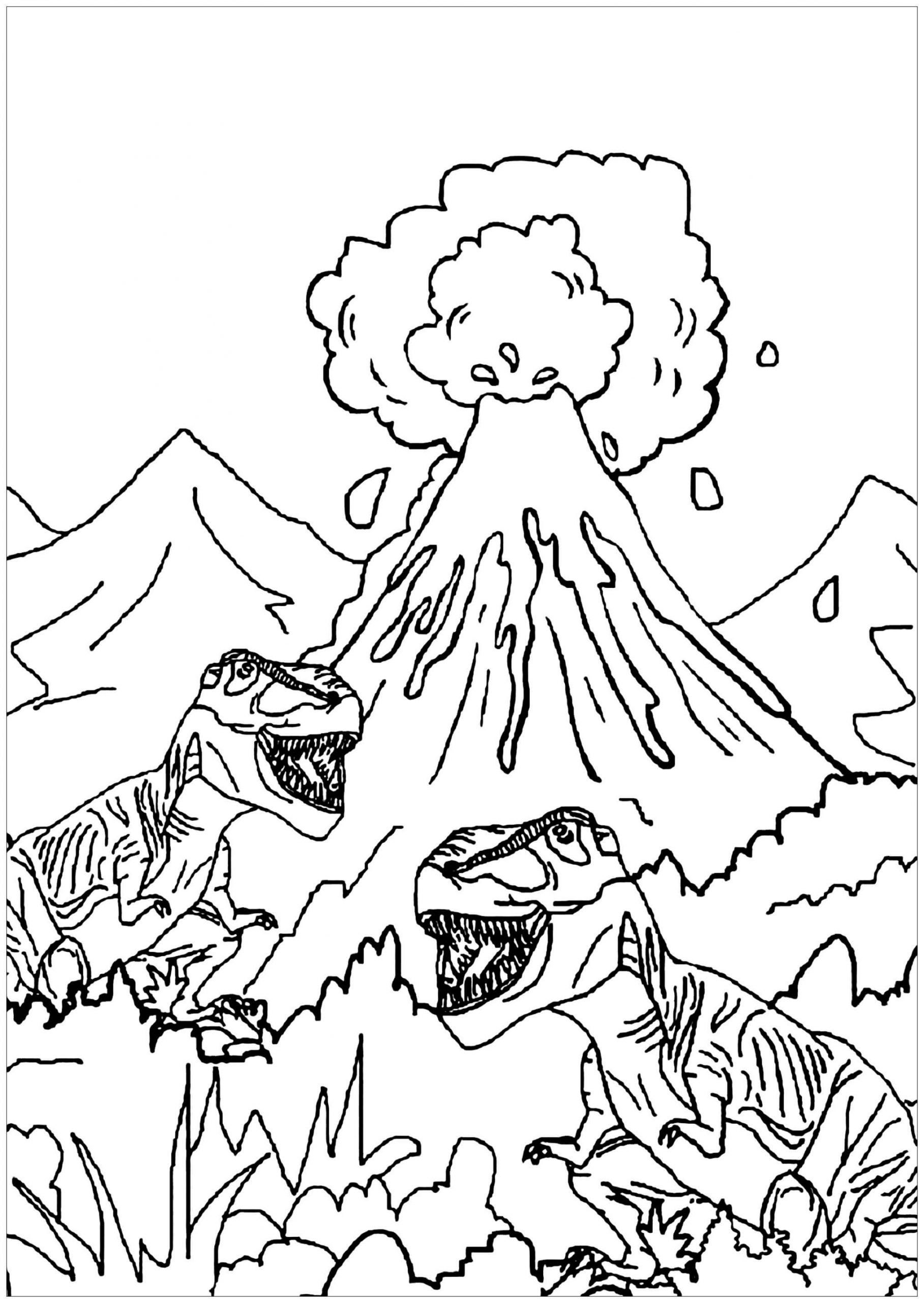 Coloriage Dinosaures et Volcan