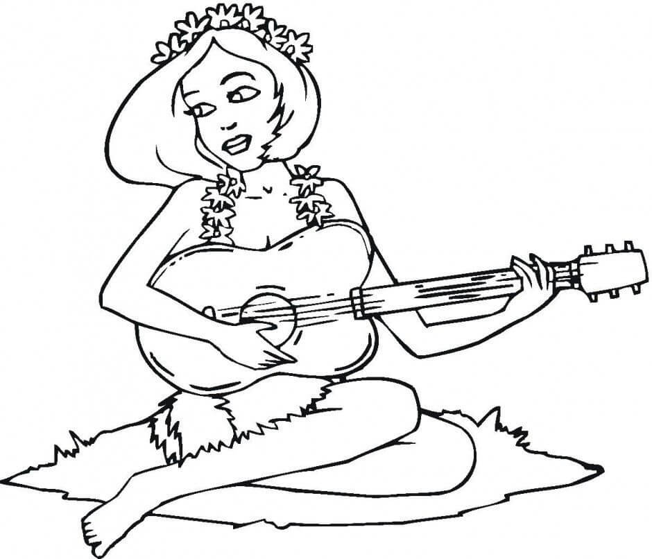 Fille Hawaïenne Joue de la Guitare coloring page