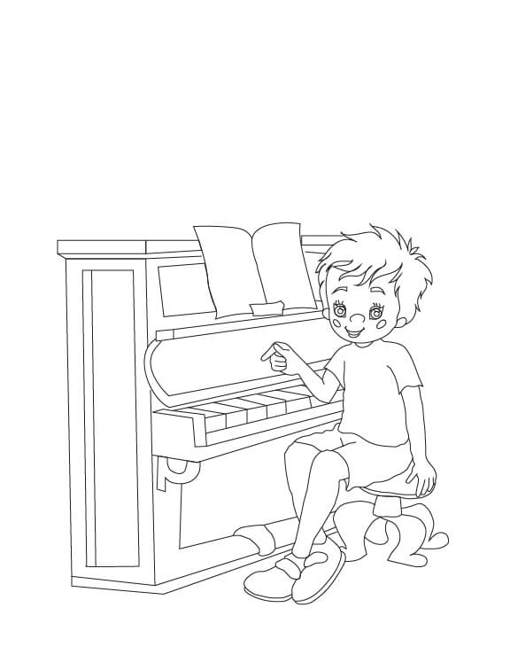 Coloriage Garçon et Piano