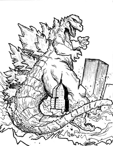 Coloriage Godzilla Détruit la Ville