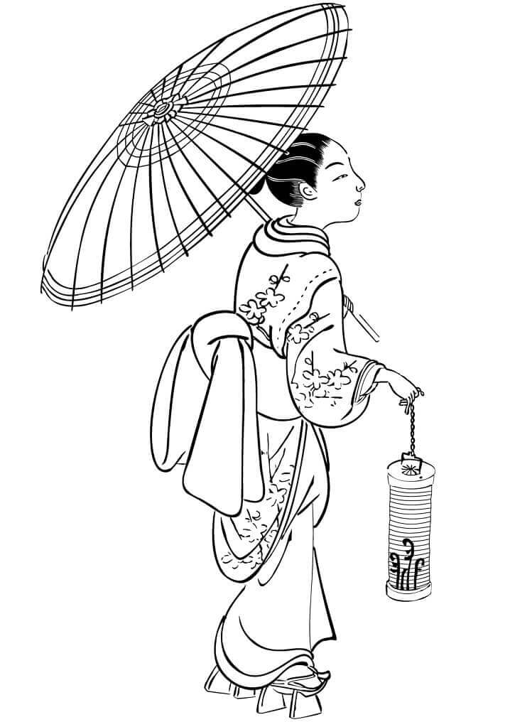 Coloriage Japonais avec Parapluie