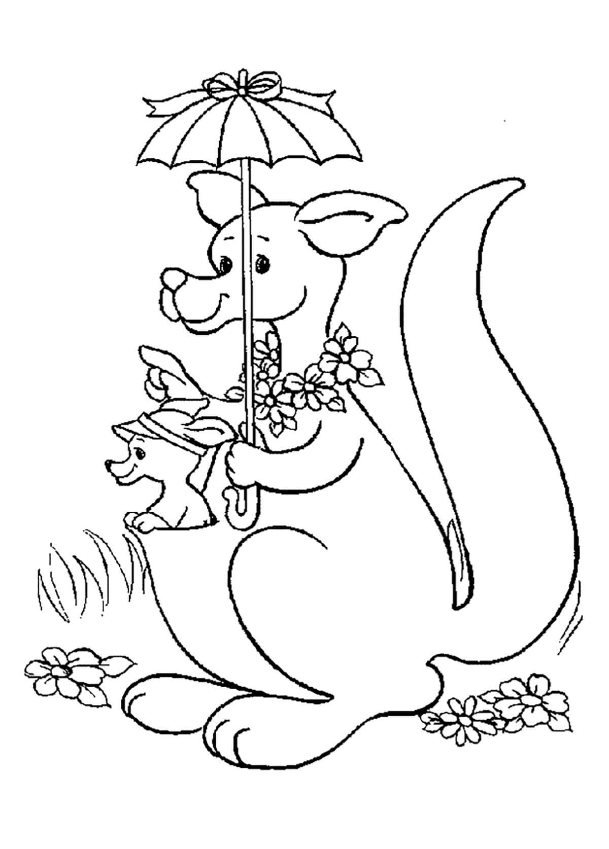 Coloriage Kangourou avec Parapluie