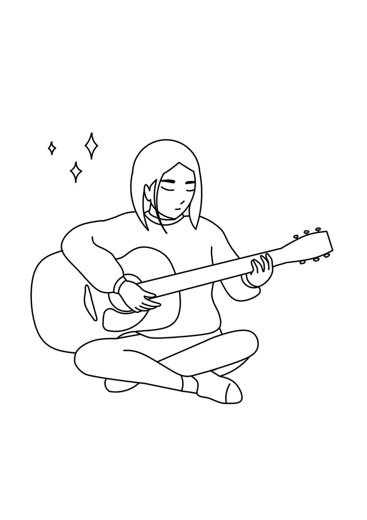 La Fille Joue de la Guitare coloring page