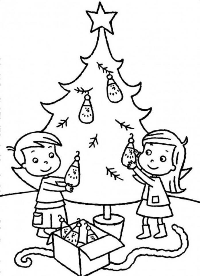 Coloriage Les Enfants Décorent l'arbre de Noël