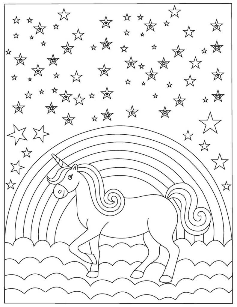 Coloriage Licorne avec étoiles et arc-en-ciel