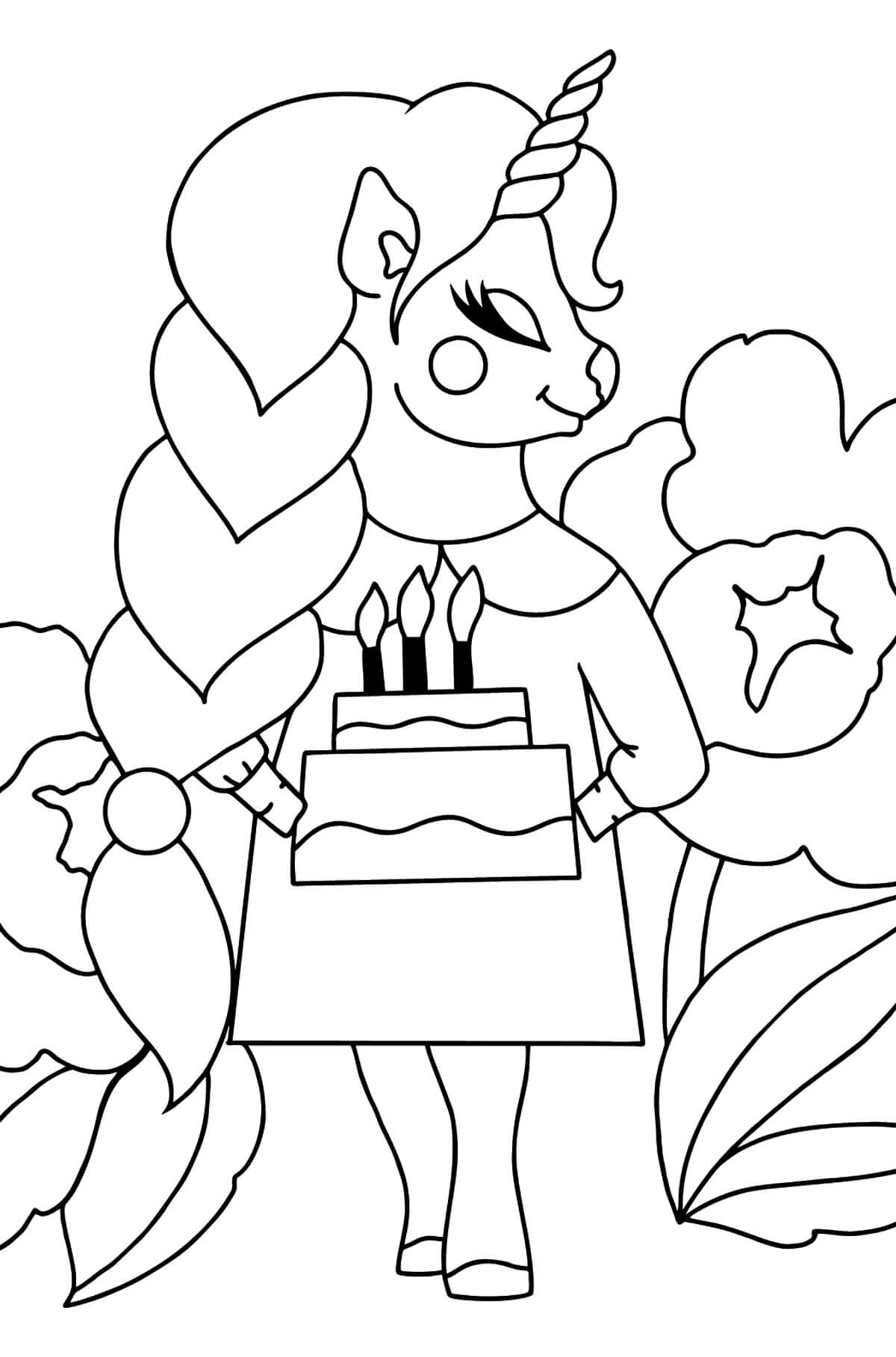 Coloriage Licorne avec Gâteau d'anniversaire