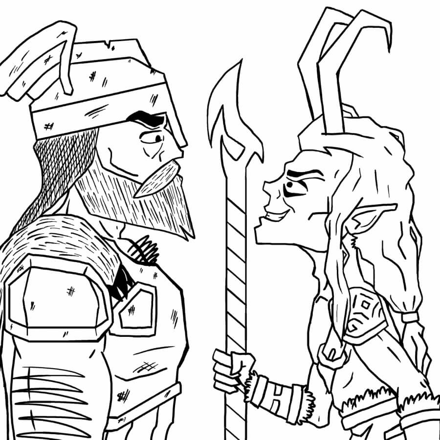 Coloriage Loki avec Thor