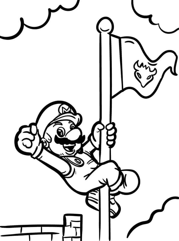 Coloriage Mario avec Drapeau