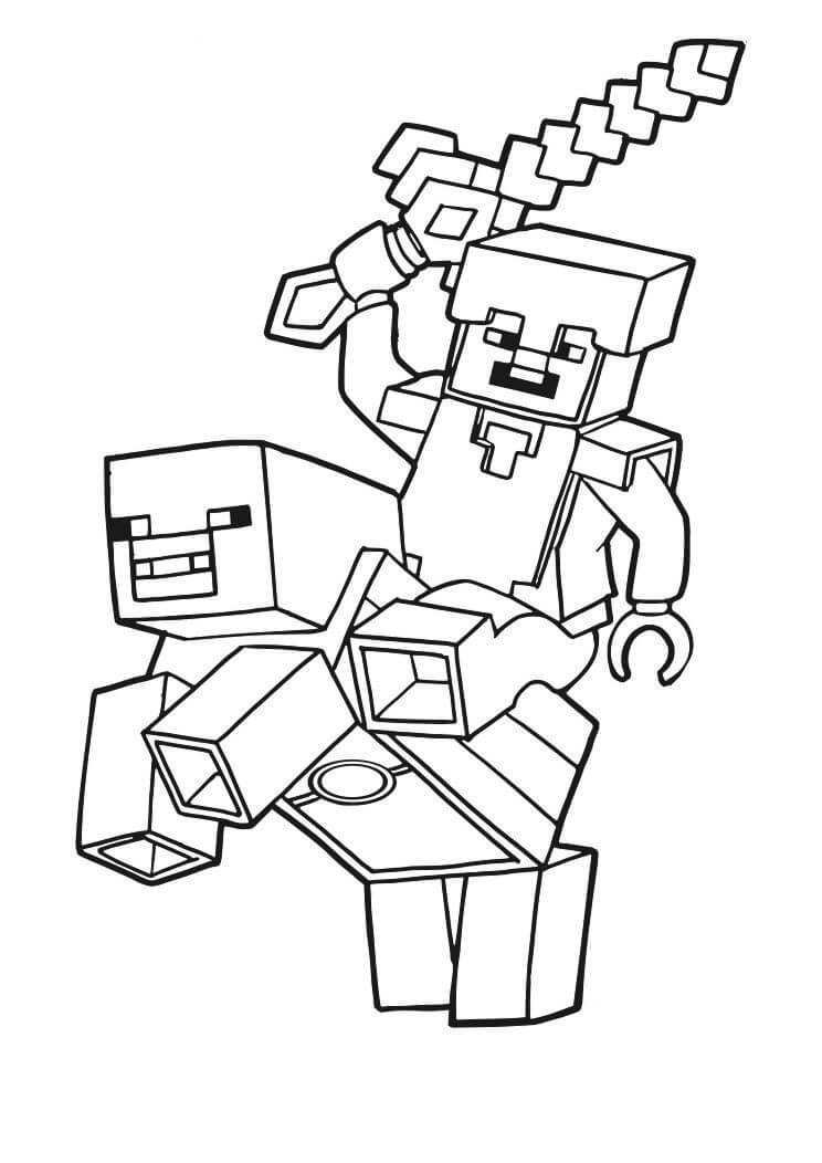 Minecraft Steve Chevauchant un Cochon coloring page