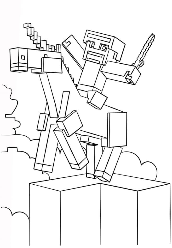 Minecraft Steve Chevauche une Licorne coloring page