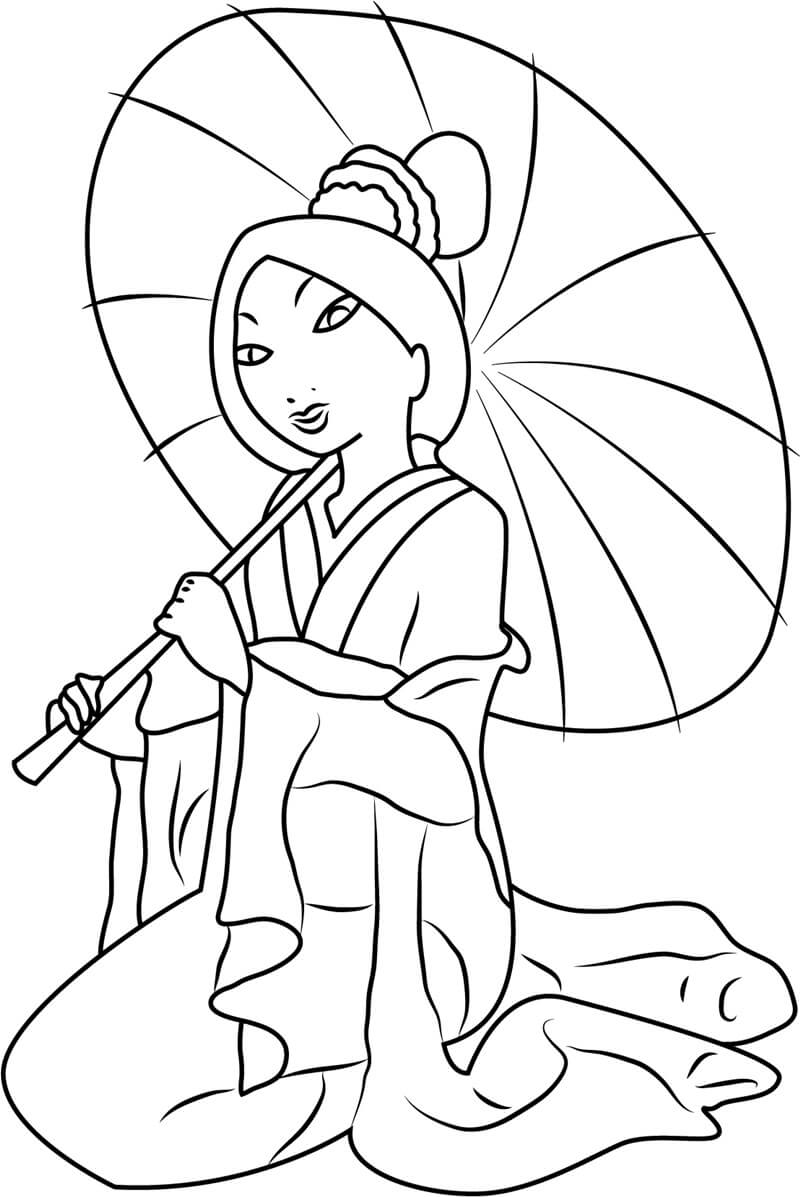 Coloriage Mulan avec Parapluie