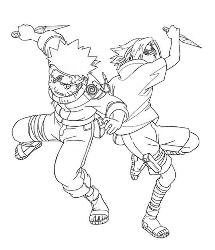 Coloriage Naruto et Sasuke Se Battent Ensemble