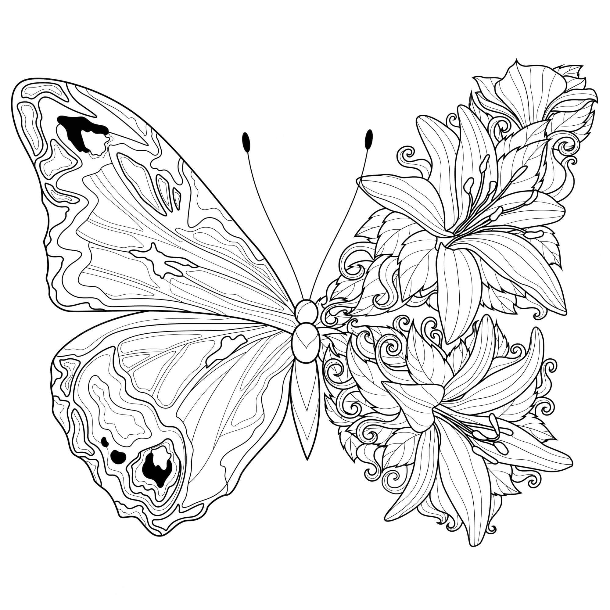 Coloriage Papillon avec des Fleurs