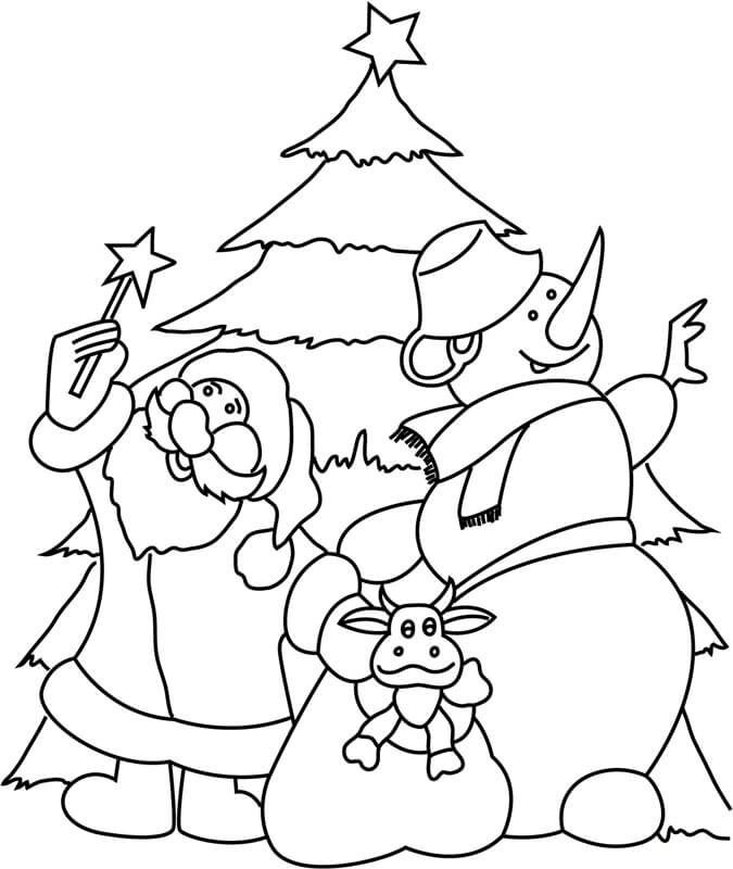 Coloriage Père Noël et Bonhomme de Neige