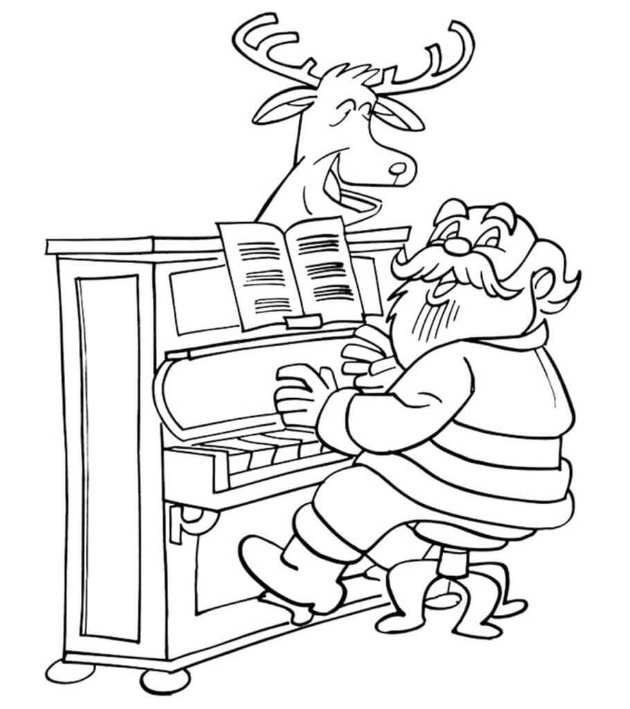 Coloriage Père Noël Joue du Piano
