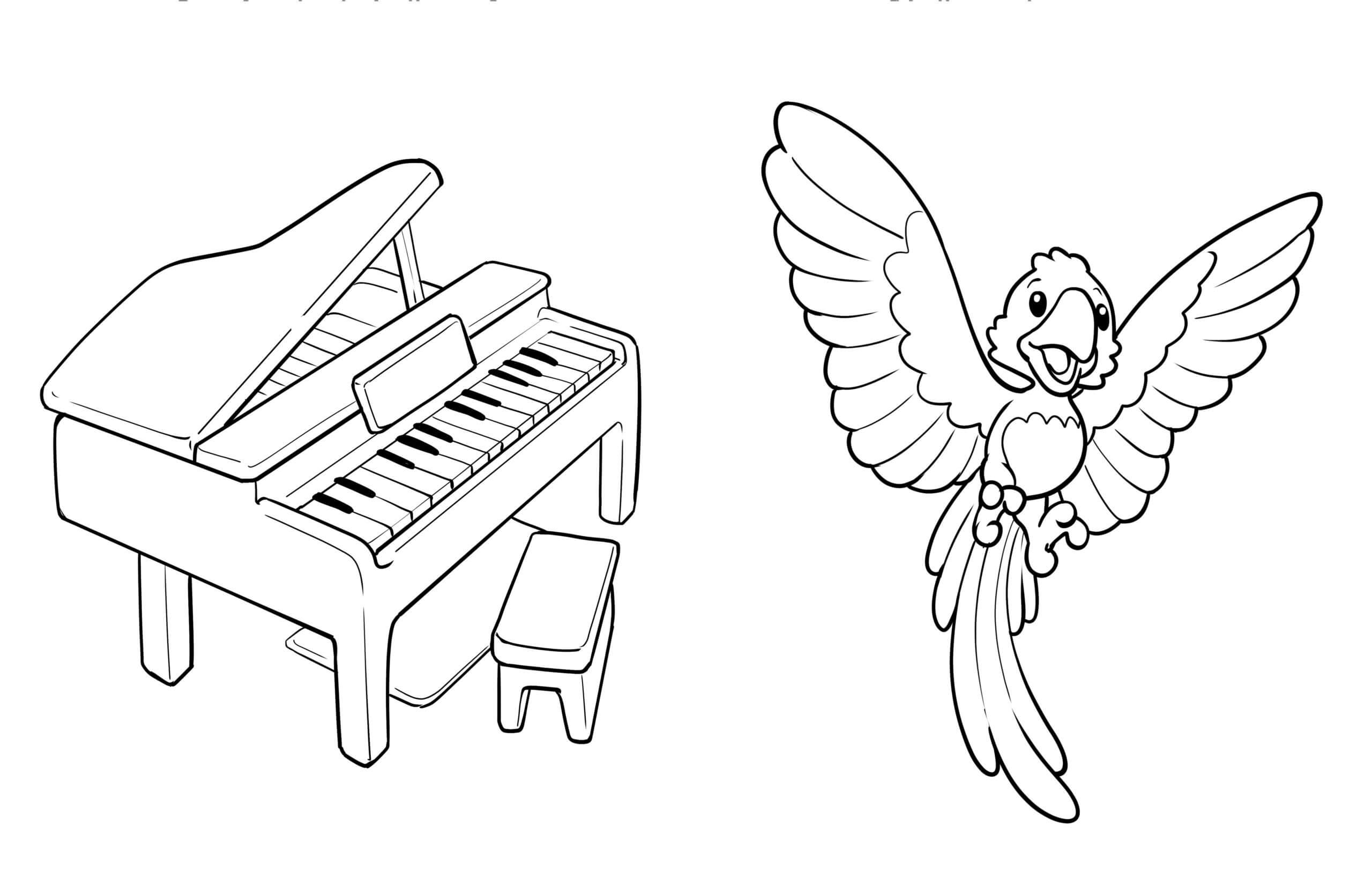Perroquet et Piano coloring page