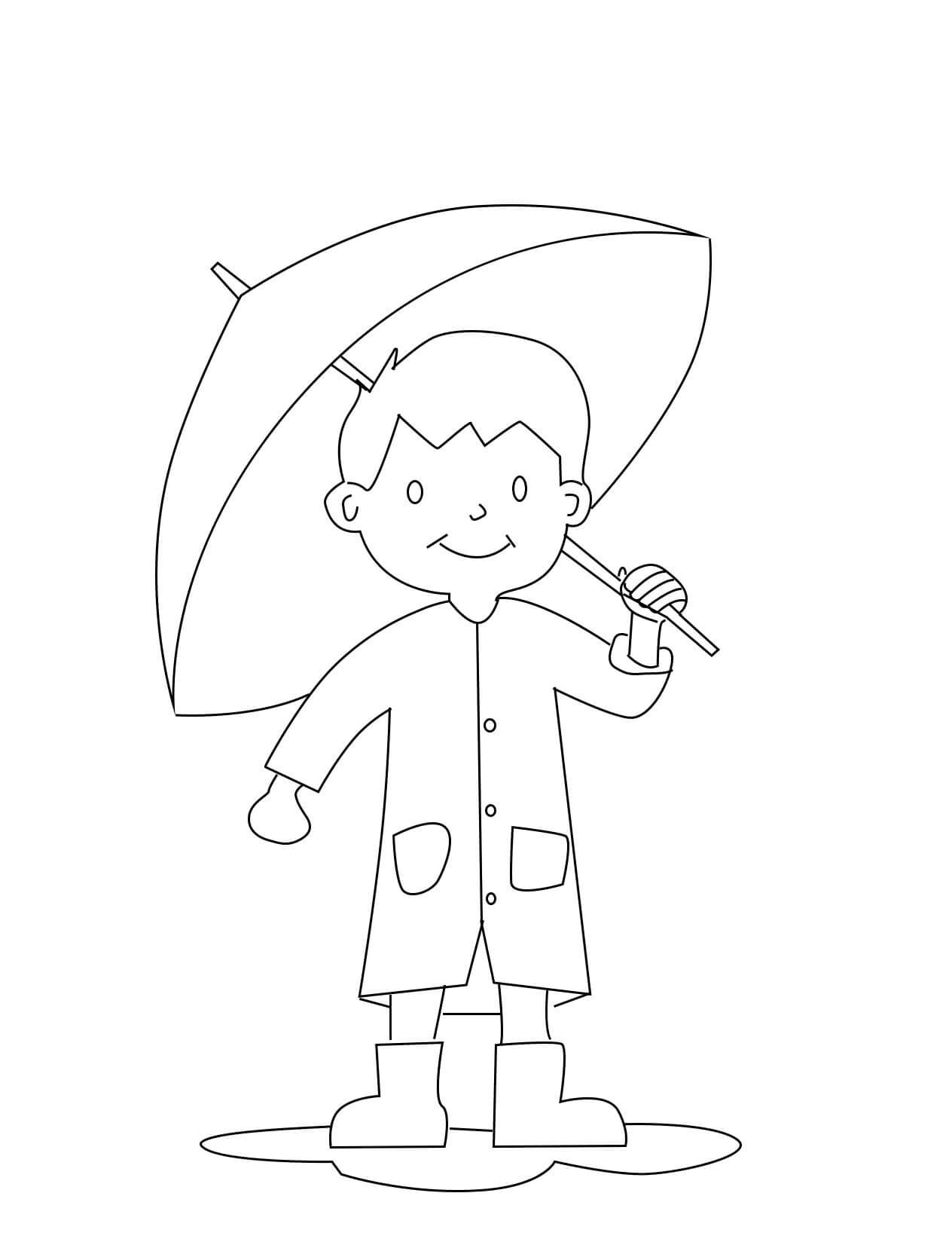 Coloriage Petit Garçon avec Parapluie
