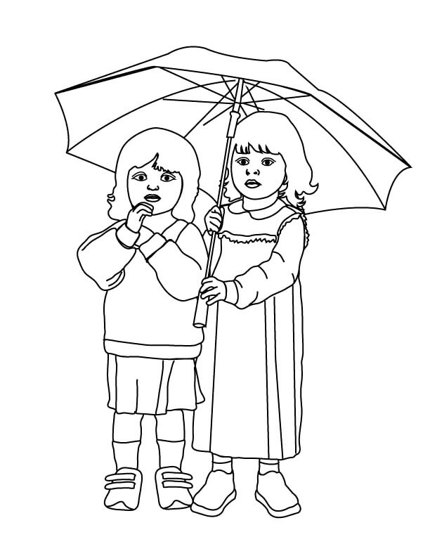 Coloriage Petites Filles avec Parapluie