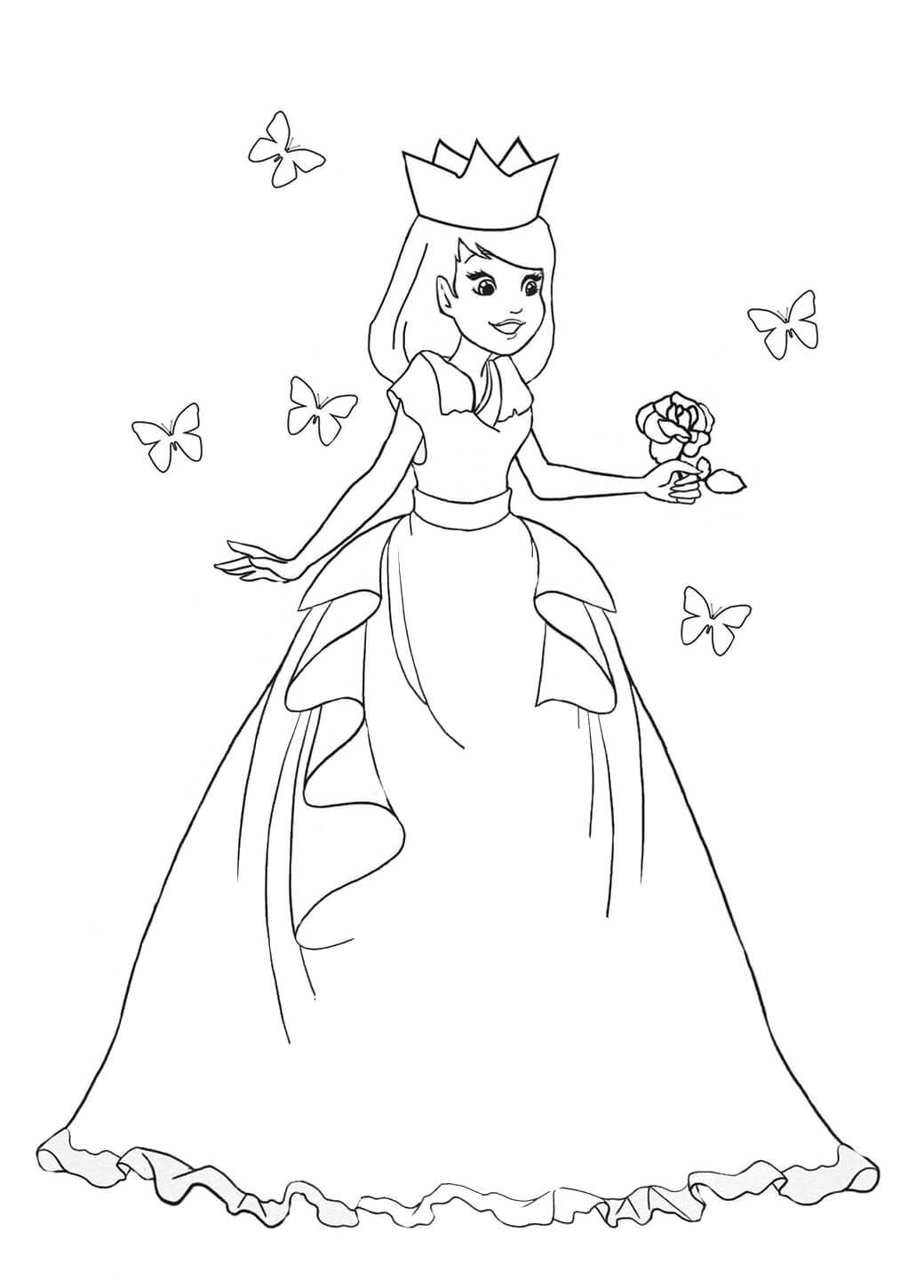 Coloriage Princesse avec Fleur et Papillons