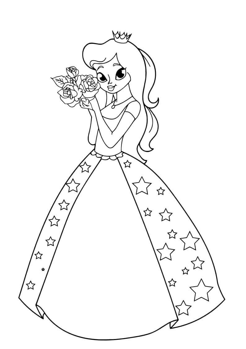 Coloriage Princesse avec un Bouquet de Fleurs