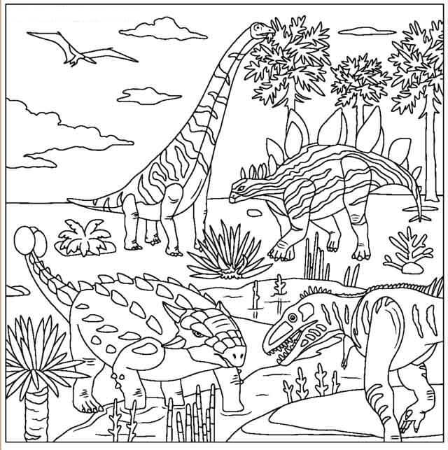 Coloriage Quatre Dinosaures