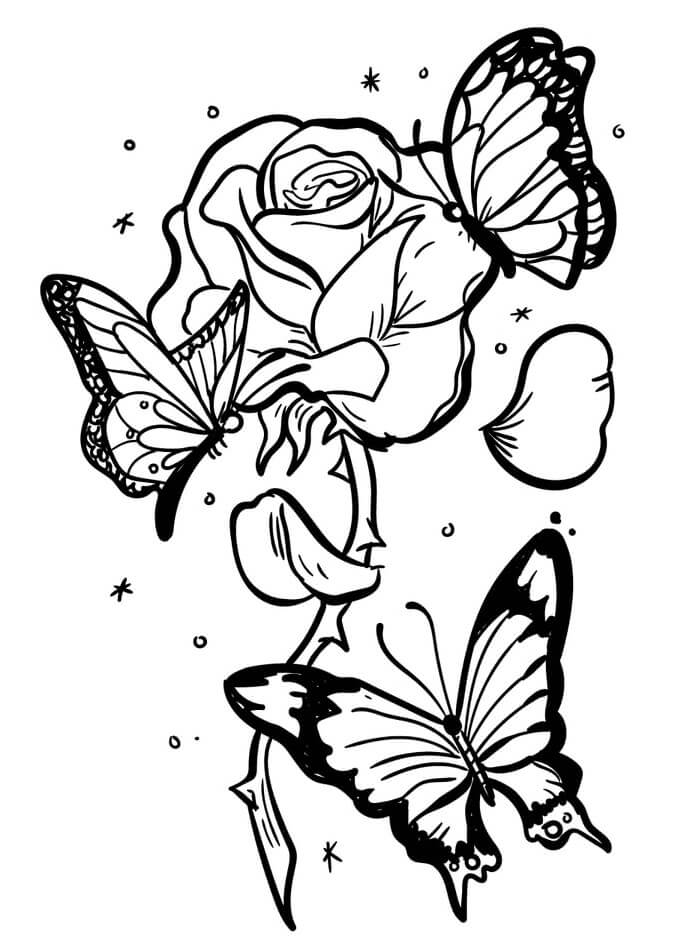 Coloriage Rose et Papillons