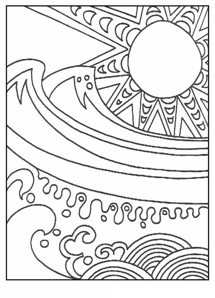 Soleil et Vagues Psychédéliques coloring page