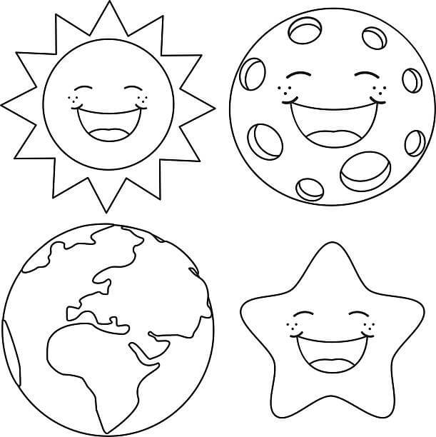 Coloriage Soleil, Terre, Lune et Étoile