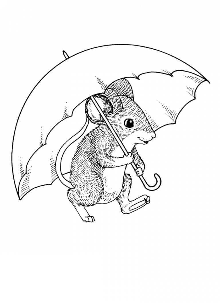 Coloriage Souris avec Parapluie