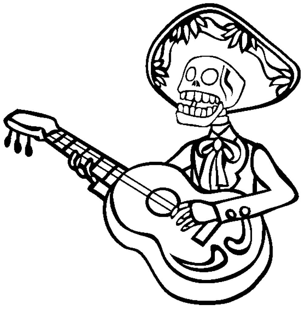 Coloriage Squelette Joue de la Guitare