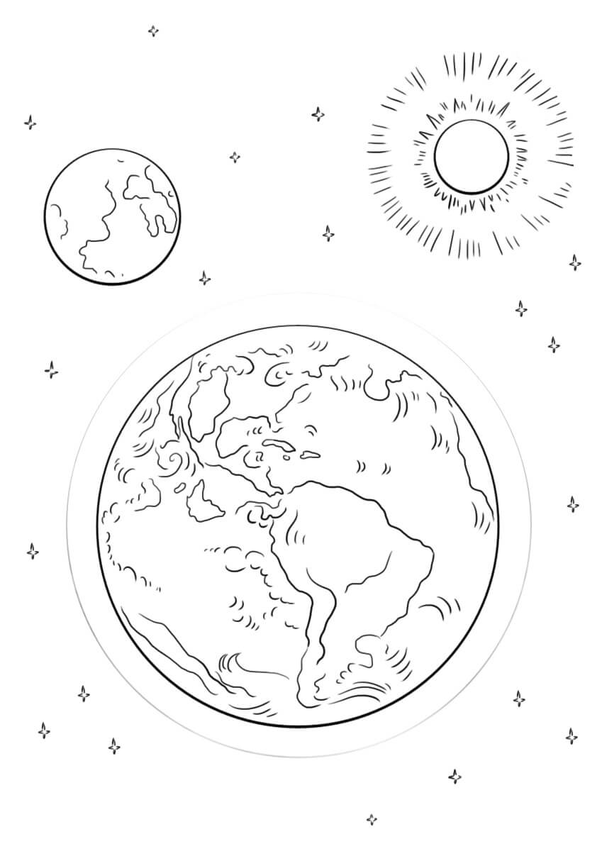 Coloriage Terre, Lune et Soleil