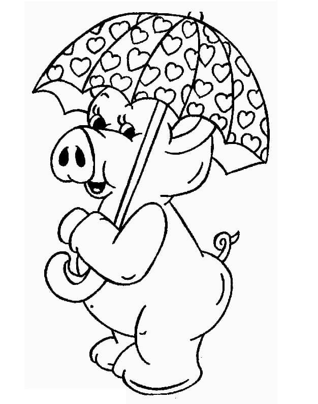 Coloriage Un Cochon avec Parapluie