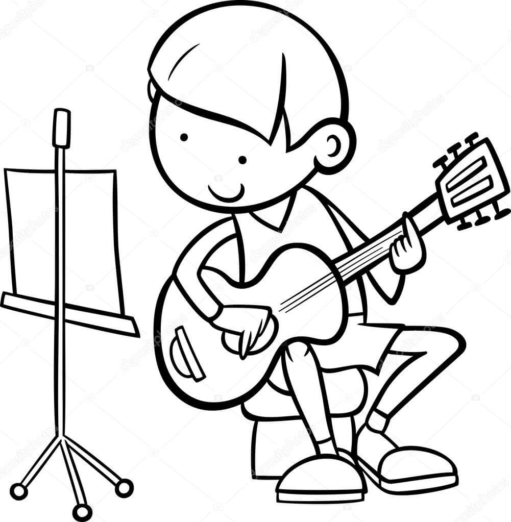 Coloriage Un Garçon Joue de la Guitare