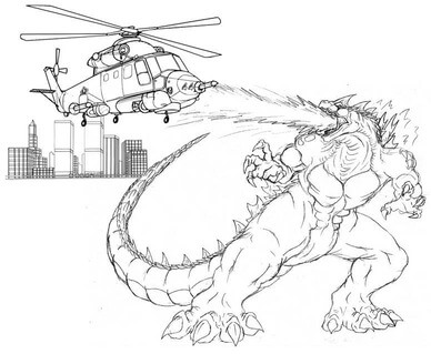Coloriage Godzilla et Hélicoptère