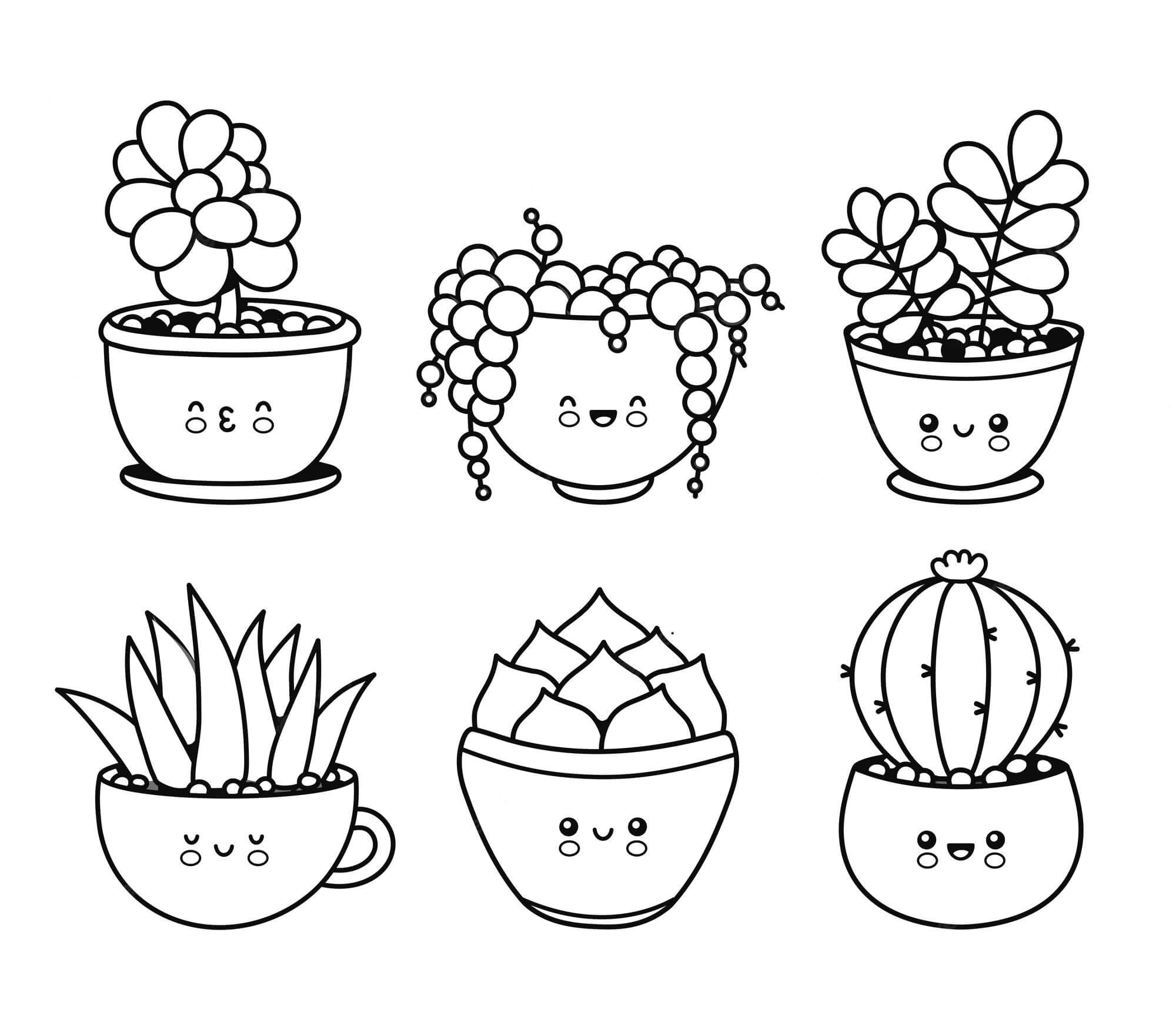 Coloriage Six cactus en pot kawaii