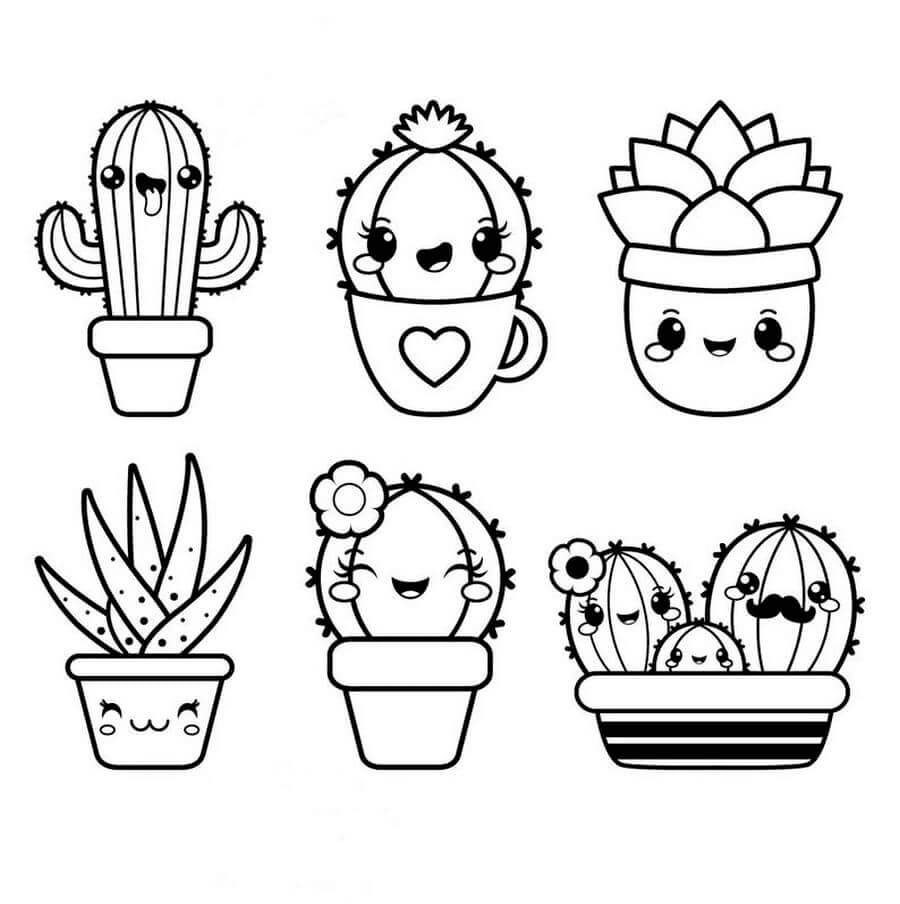Coloriage Six jolis cactus en pot