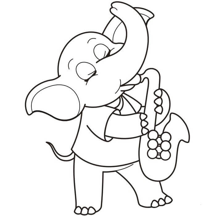 Coloriage Éléphant Joue du Saxophone