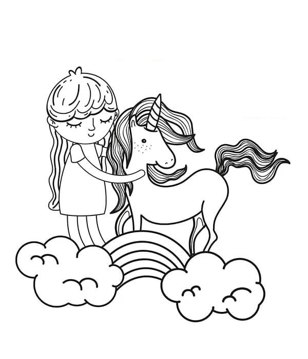 Fille et Licorne avec Arc-en-ciel coloring page