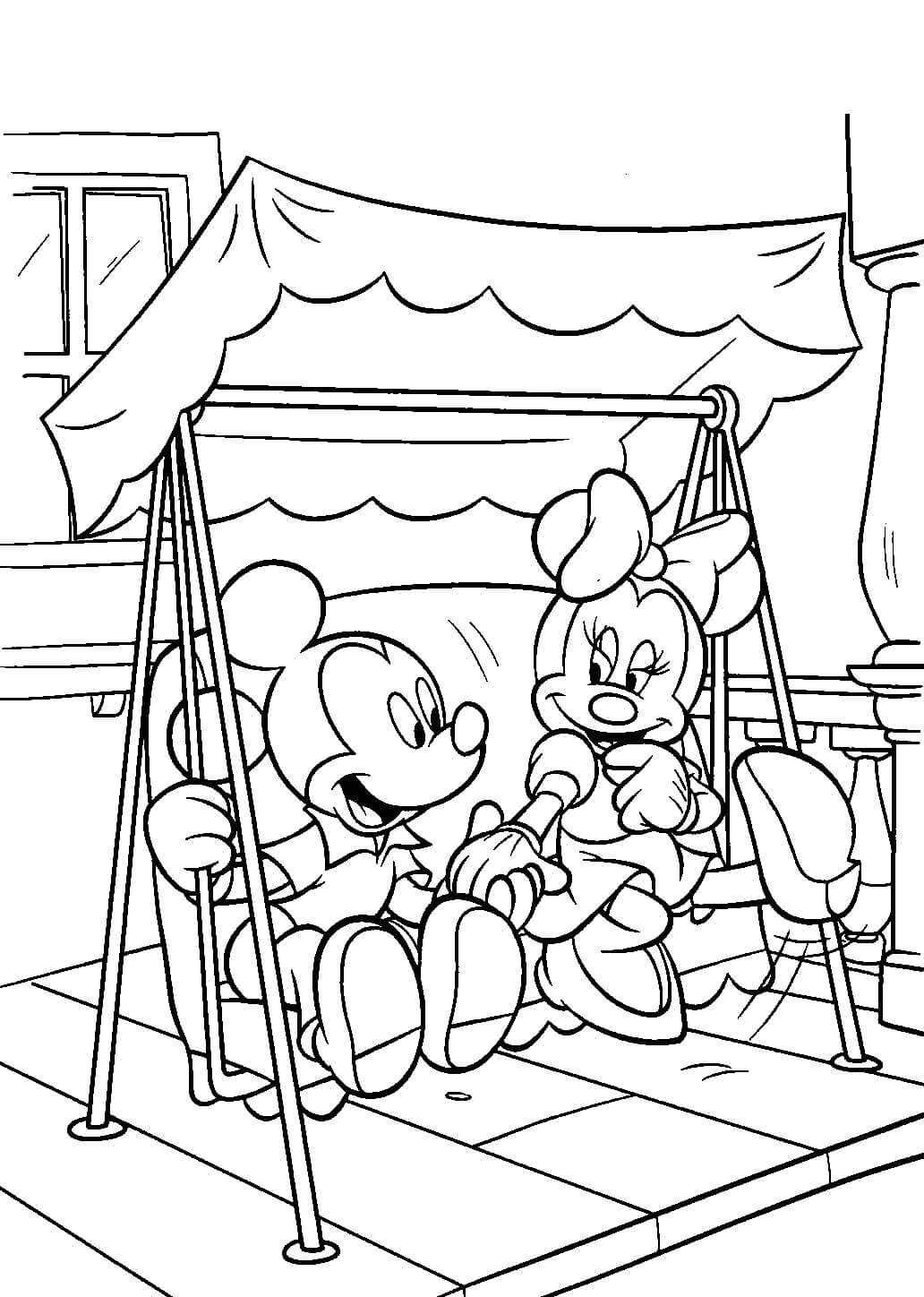 Coloriage Mickey et Minnie Sur la Balançoire