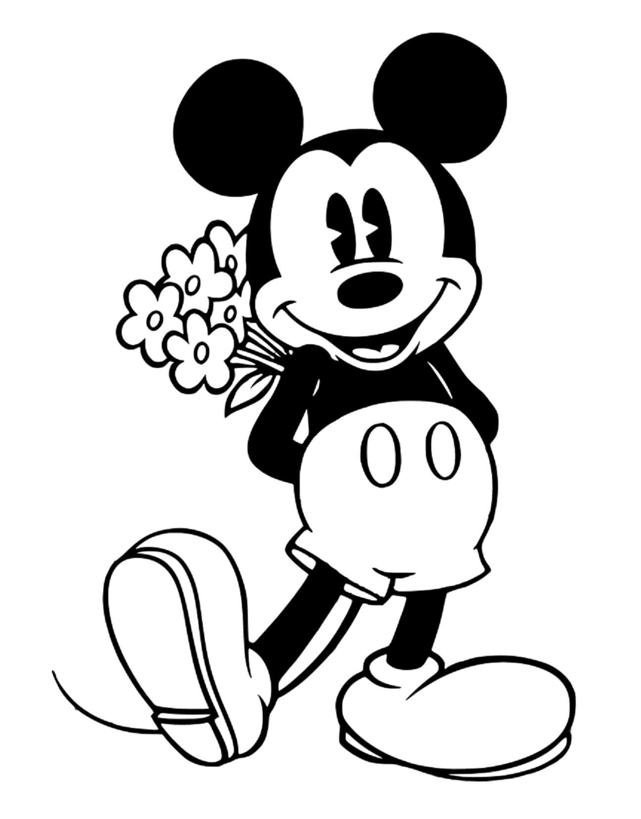 Coloriage Mickey Mouse avec Des Fleurs
