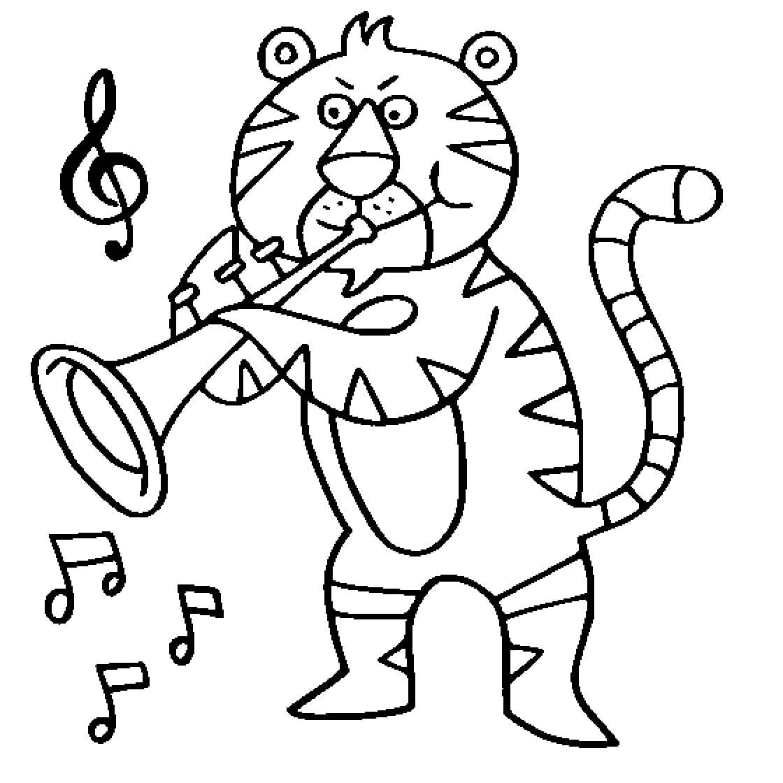 Coloriage Tigre Joue de La Trompette