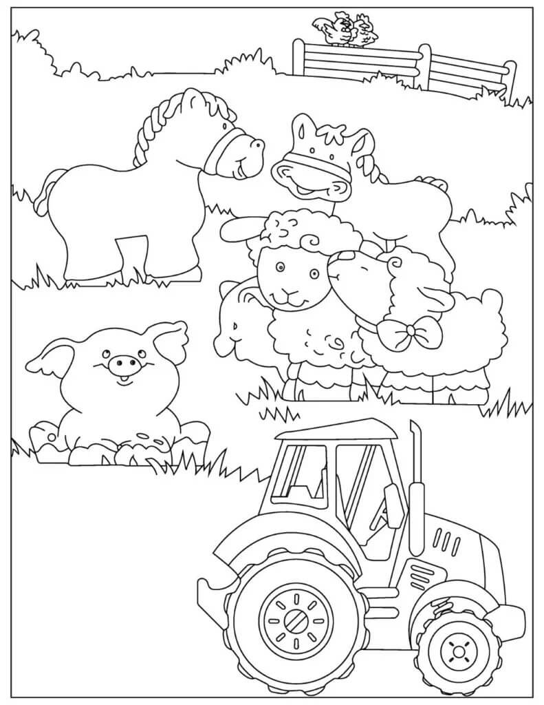 Tracteur avec Des Animaux de la Ferme coloring page