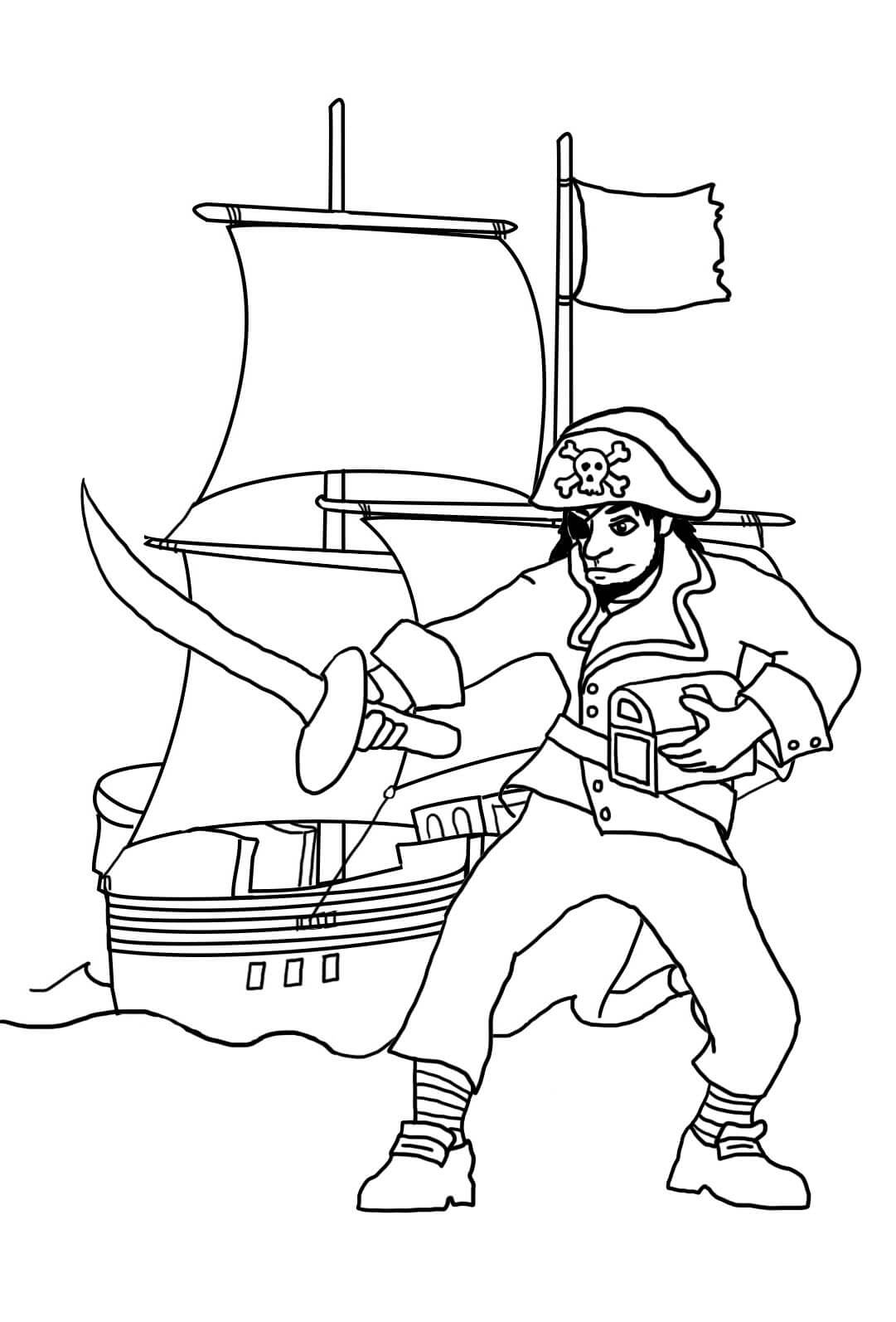 Coloriage Pirate With Sword and Pirate Ship